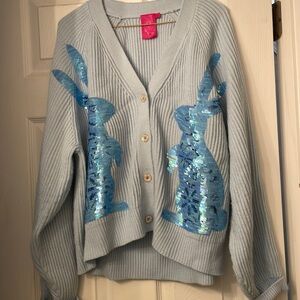 QOS sparkles light blue bunny cardigan